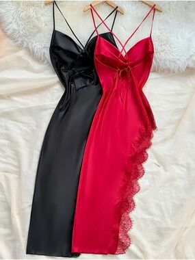2 🆕 in Bag Satin Lace Slip Sleep Dresses - Red & Black Size Large